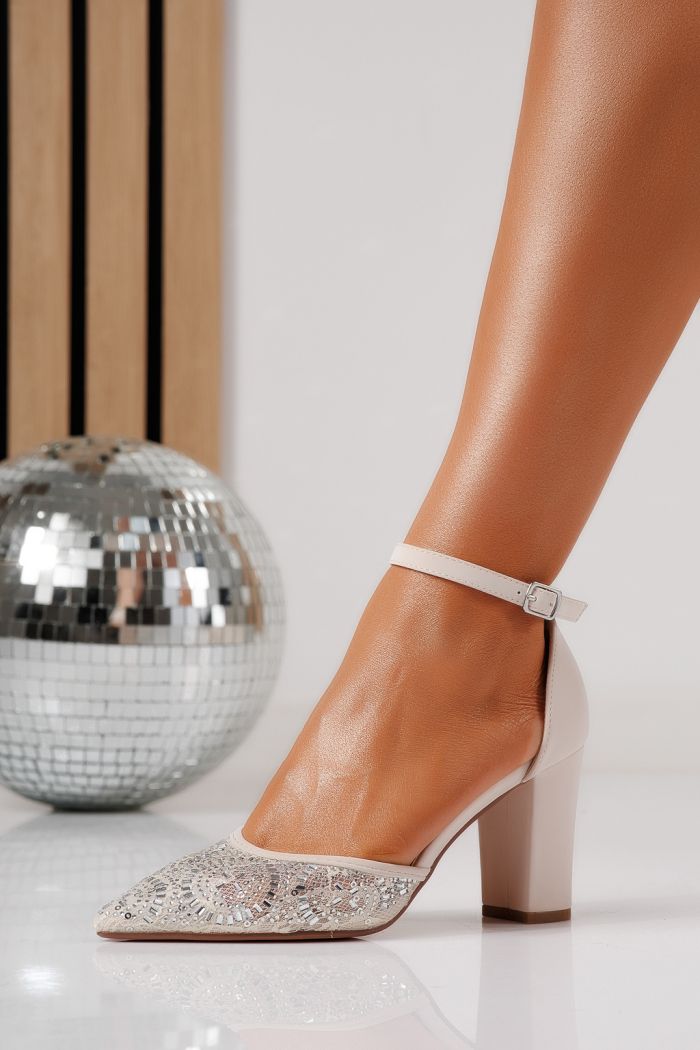 Pantofi cu toc dama bej din piele ecologica Kristy #24592