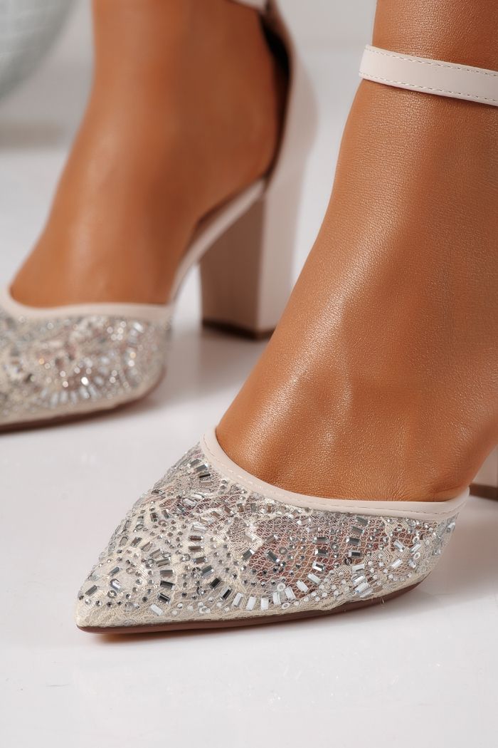 Pantofi cu toc dama bej din piele ecologica Kristy #24592