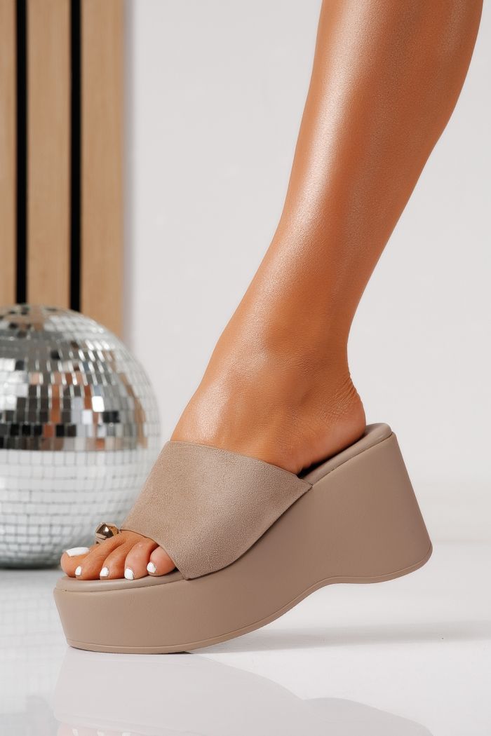 Papuci cu platforma dama khaki din piele ecologica intoarsa Giulia #24973