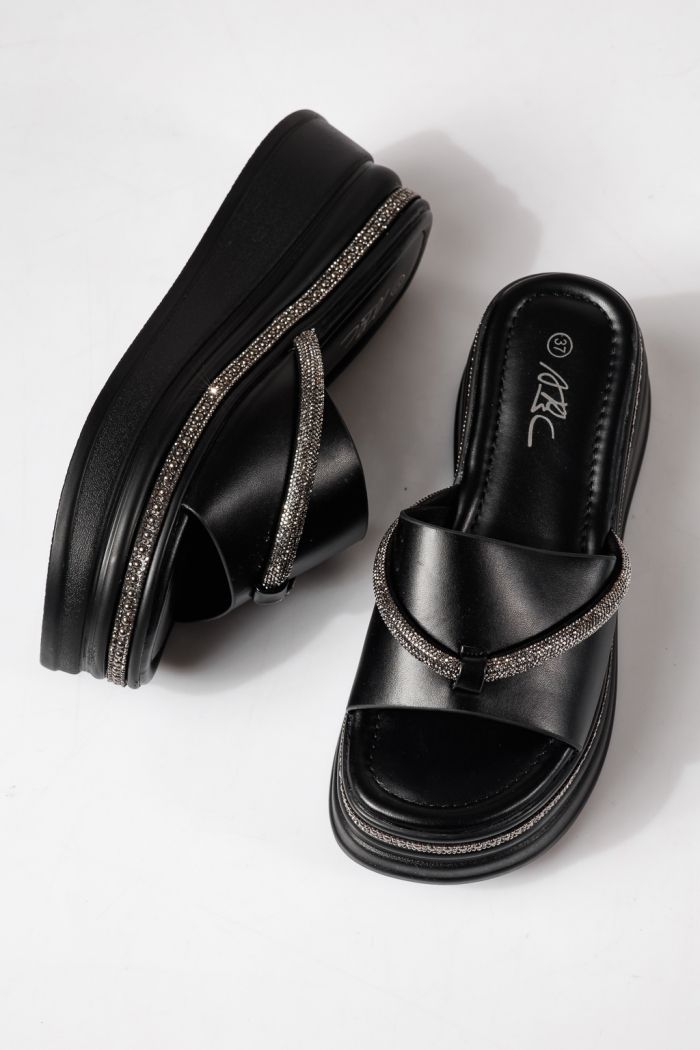 Papuci cu platforma dama negri din piele ecologica Belina #24748