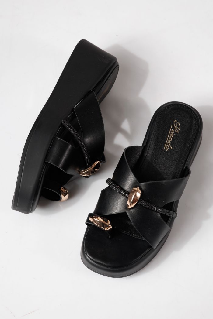 Papuci cu platforma dama negri din piele ecologica Keiko #24981