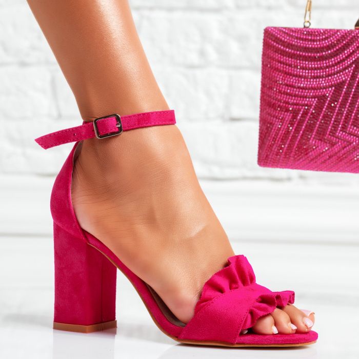 Sandale cu toc dama roz din piele ecologica intoarsa Louise #24999