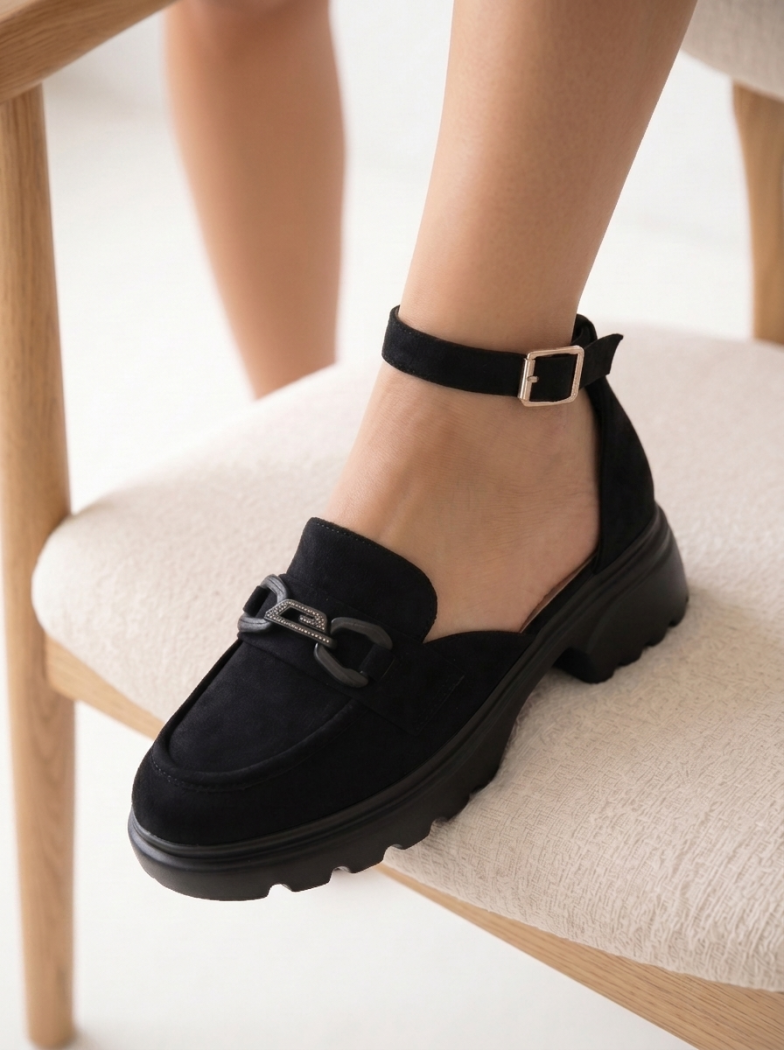 Pantofi casual dama negri din piele ecologica intoarsa Azura #24992