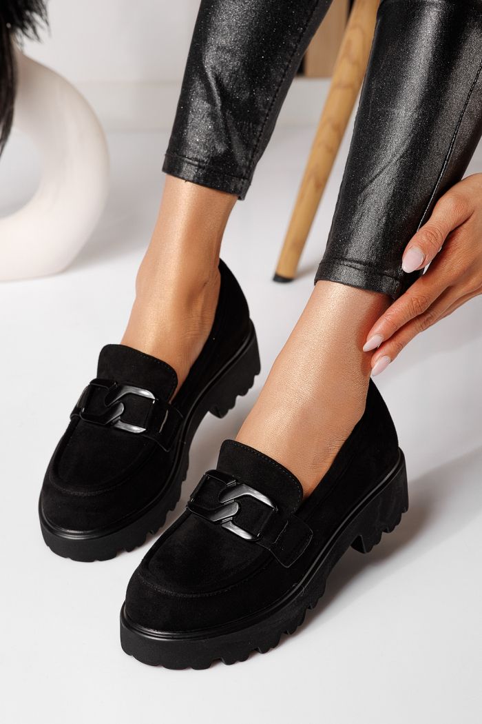 Pantofi casual dama negri din piele ecologica intoarsa Elara #25127