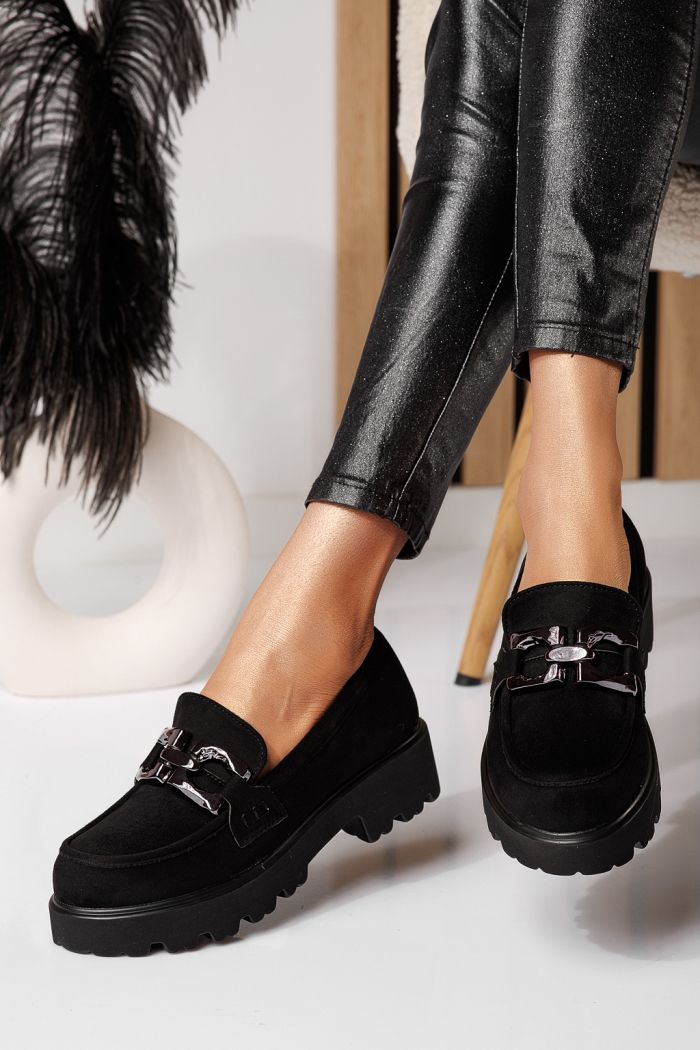 Pantofi casual dama negri din piele ecologica intoarsa Thalia #25131