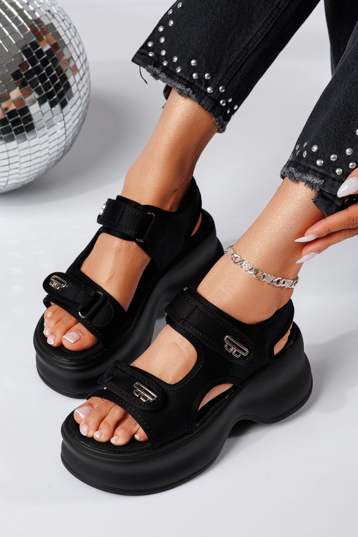 Sandale cu platforma dama negre din material textil Charlotte #25224