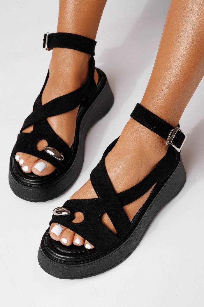 Sandale cu platforma dama negre din piele ecologica intoarsa Beatrix #25077