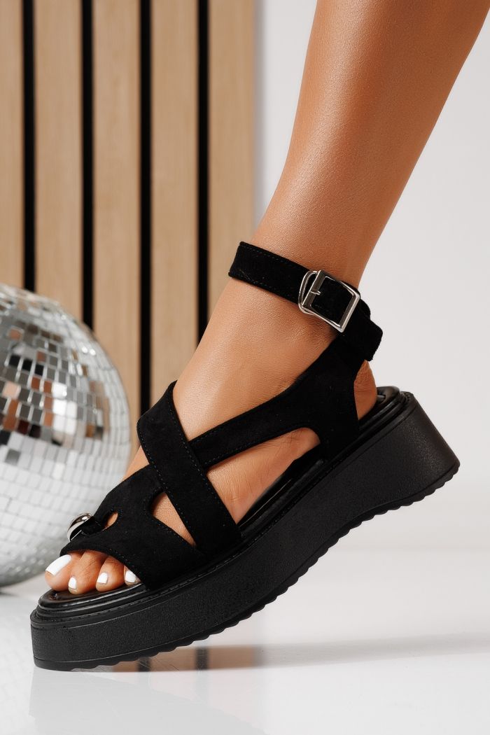 Sandale cu platforma dama negre din piele ecologica intoarsa Beatrix #25077