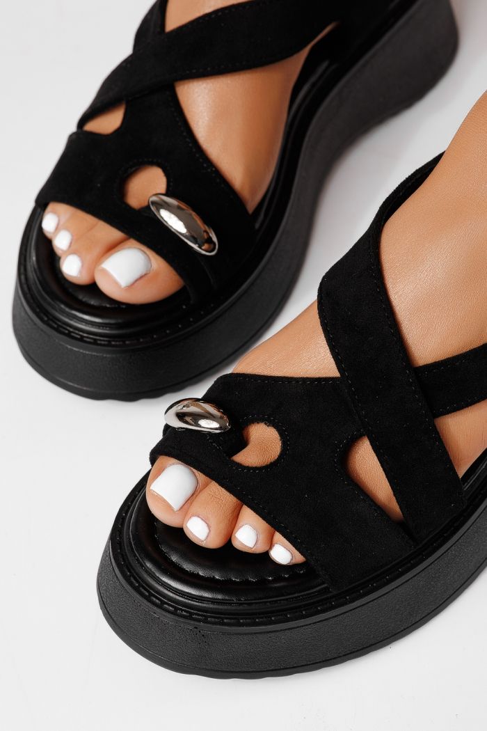 Sandale cu platforma dama negre din piele ecologica intoarsa Beatrix #25077