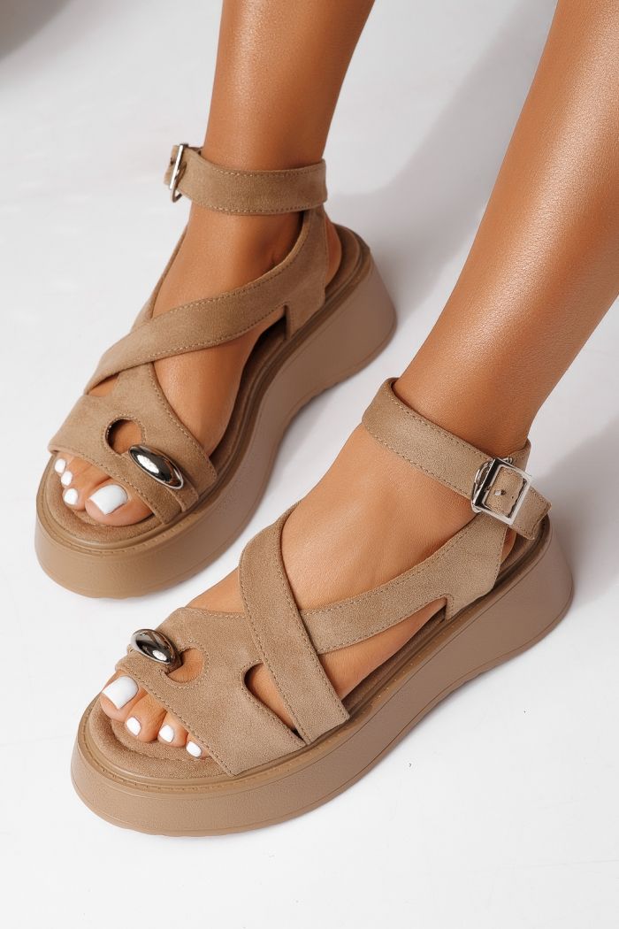 Sandale cu platforma dama khaki din piele ecologica intoarsa Beatrix #25075