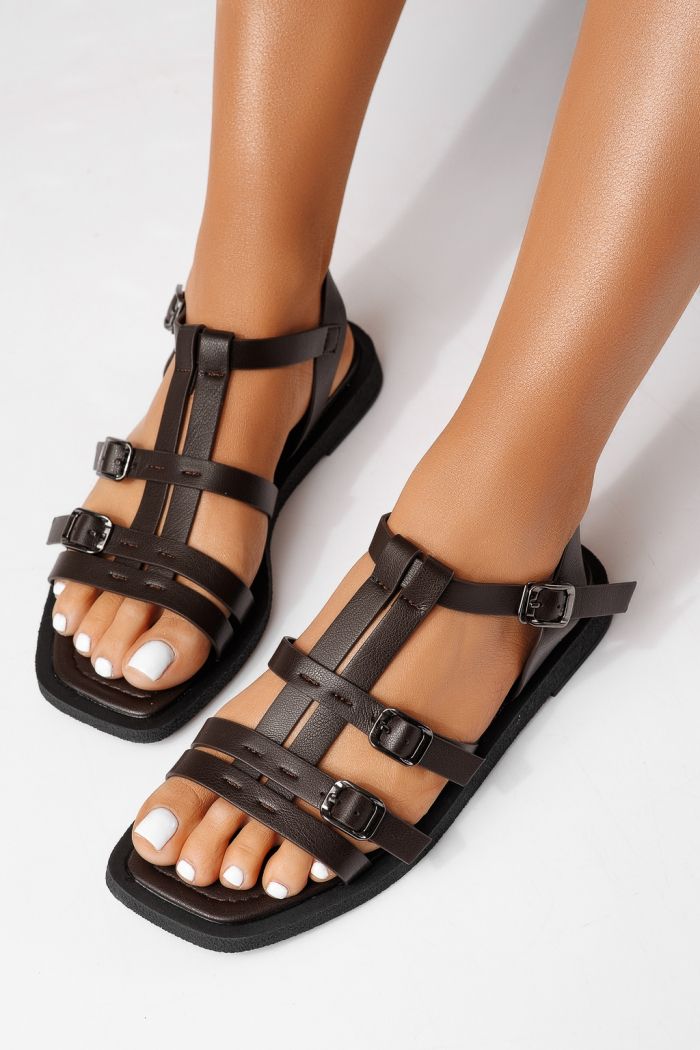 Sandale cu talpa joasa dama maro din piele ecologica Azura #25161