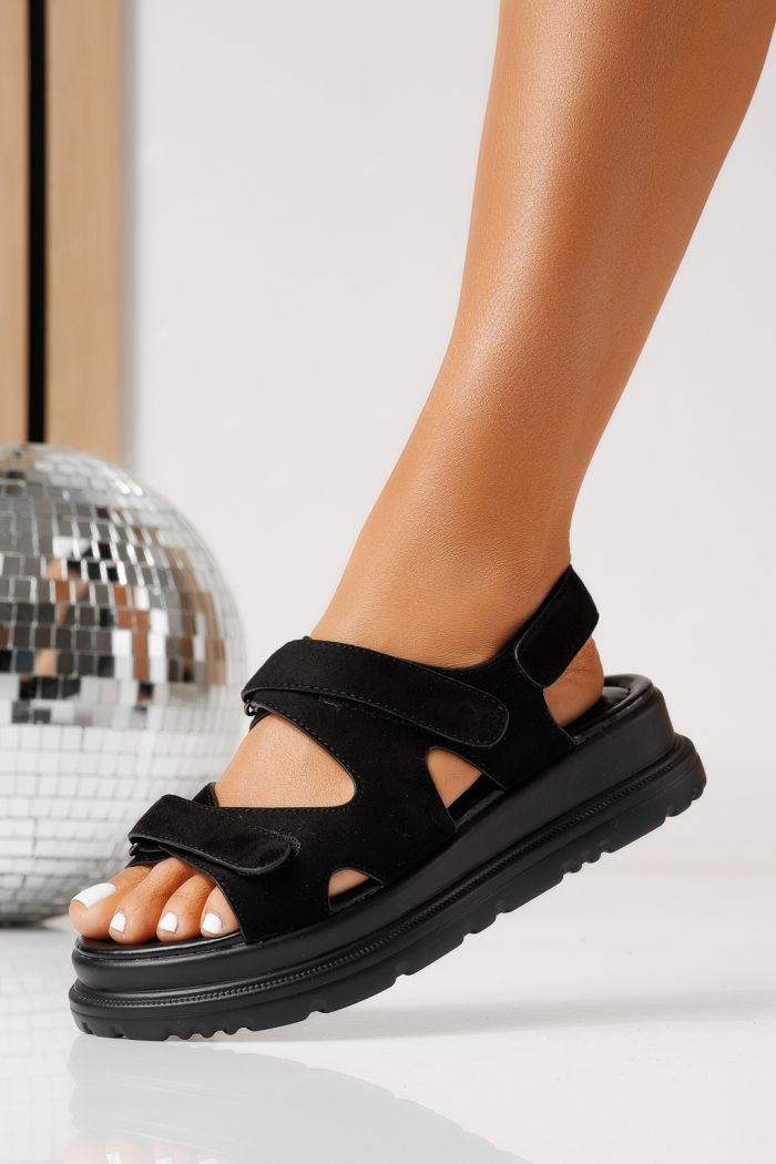 Sandale cu platforma dama negre din piele ecologica intoarsa Coraline #25085