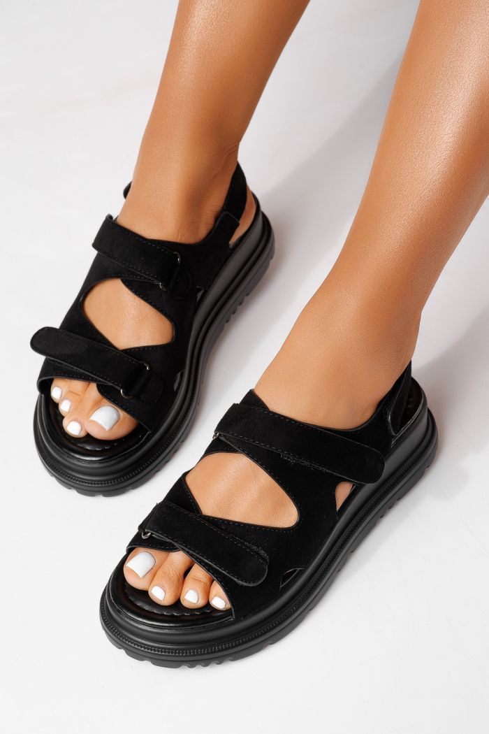 Sandale cu platforma dama negre din piele ecologica intoarsa Coraline #25085