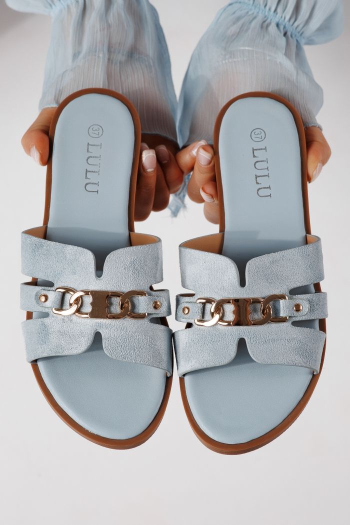 Papuci dama albastri din piele ecologica intoarsa Pilar #25053