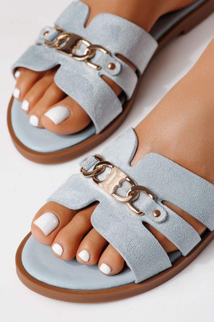 Papuci dama albastri din piele ecologica intoarsa Pilar #25053