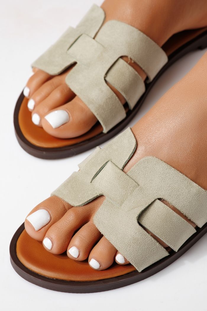 Papuci dama verzi din piele ecologica intoarsa Odessa #25105