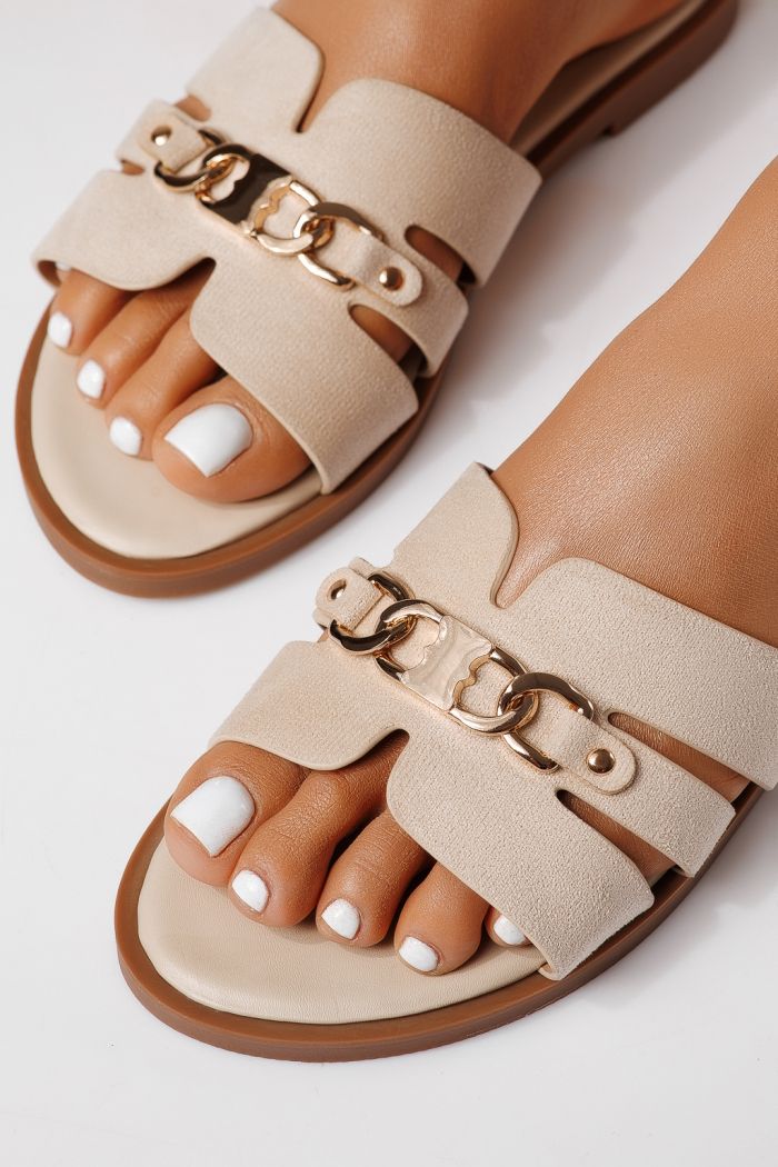 Papuci dama bej din piele ecologica intoarsa Pilar #25050