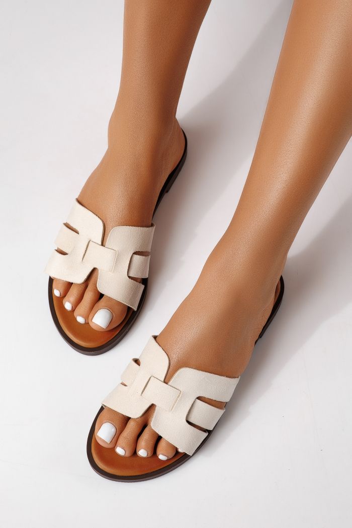 Papuci dama bej din piele ecologica intoarsa Odessa #25109