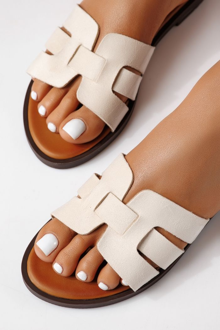 Papuci dama bej din piele ecologica intoarsa Odessa #25109