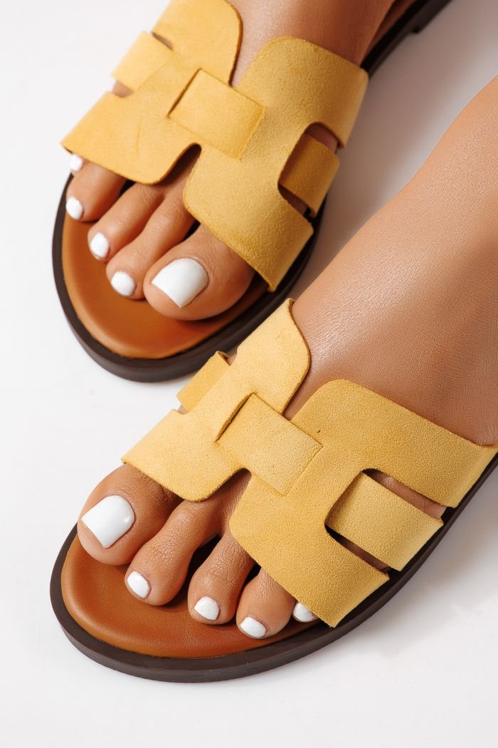 Papuci dama galbeni din piele ecologica intoarsa Odessa #25108