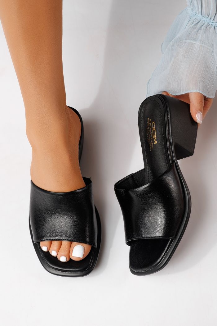 Papuci cu toc dama negre din piele ecologica Indira #25170