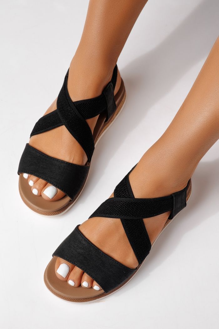 Sandale cu talpa joasa dama negre din piele ecologica Yara #25152