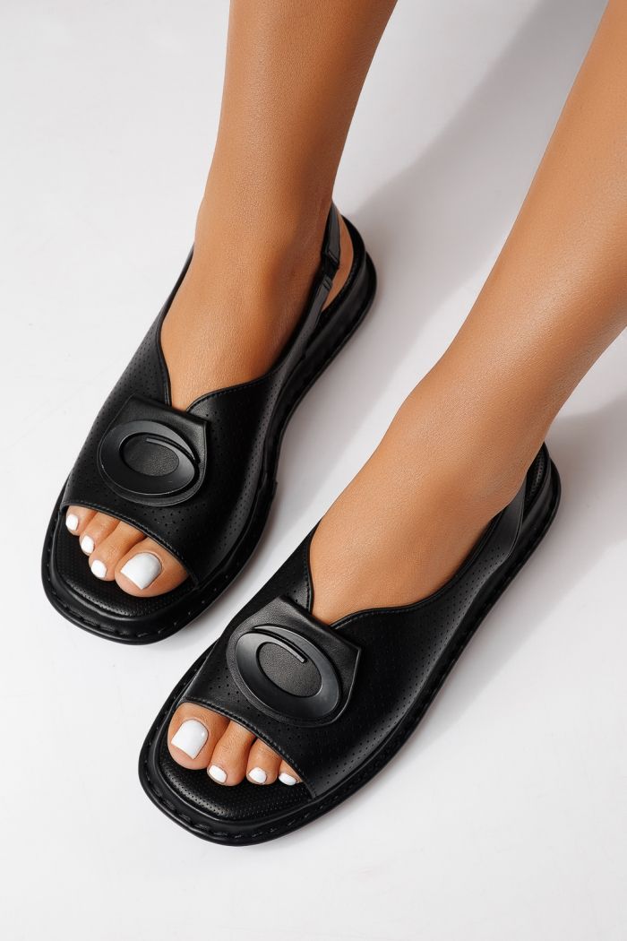 Sandale cu talpa joasa dama negre din piele ecologica Zaria #25175