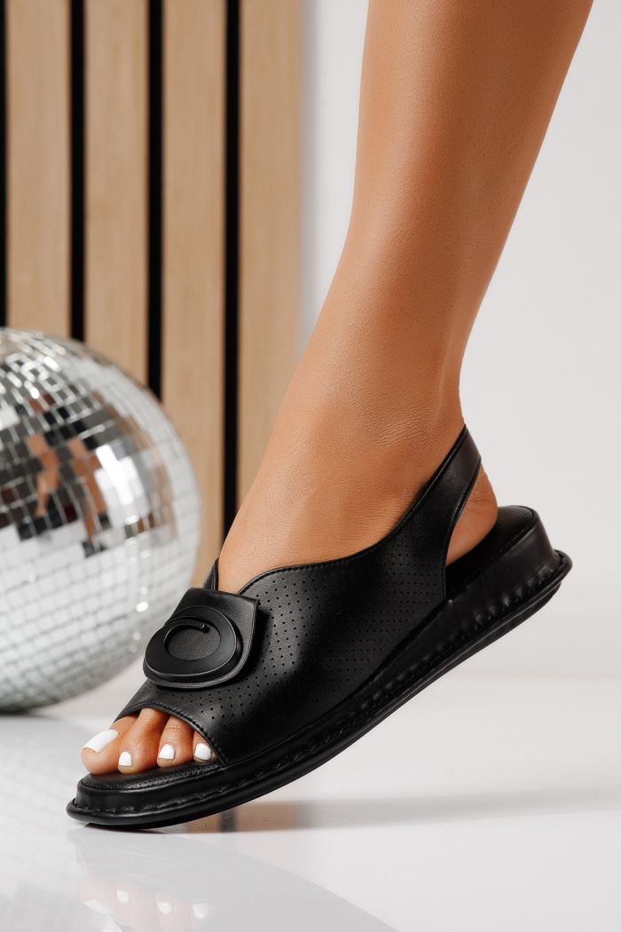 Sandale cu talpa joasa dama negre din piele ecologica Zaria #25175