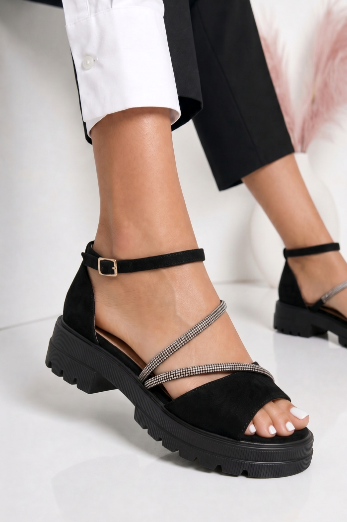 Sandale cu platforma dama negre din piele ecologica intoarsa Senna #25273