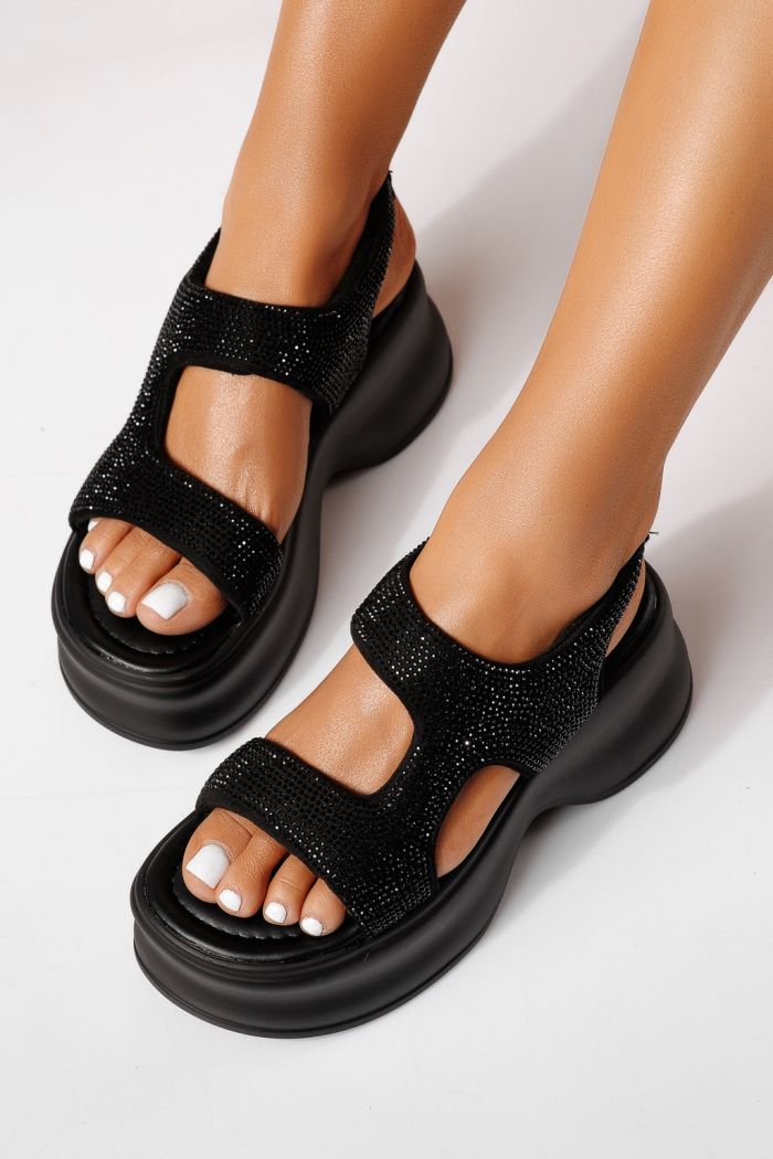 Sandale cu platforma dama negre din piele ecologica intoarsa Patricia #25342