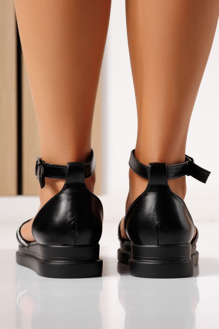 Sandale cu talpa joasa dama negre din piele ecologica Elowen #25265