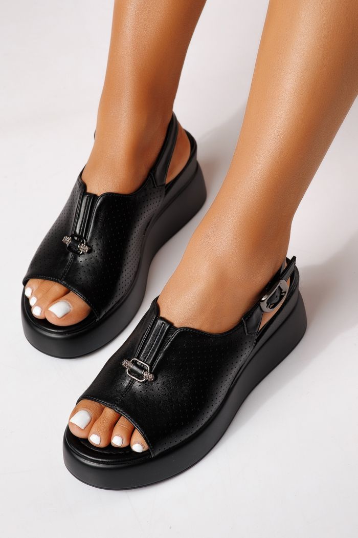 Sandale cu platforma dama negre din piele ecologica Iris #25296