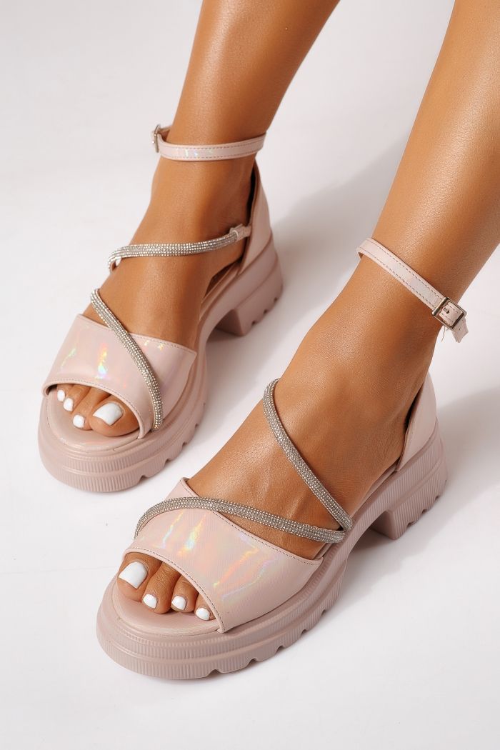 Sandale cu platforma dama roz-aurii din piele ecologica Senna #25274