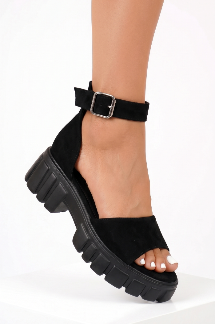 Sandale cu platforma dama negre din piele ecologica intoarsa Aria #25371