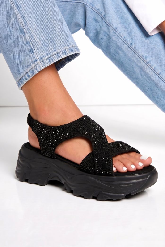 Sandale cu platforma dama negre din piele ecologică intoarsa Vika #25411