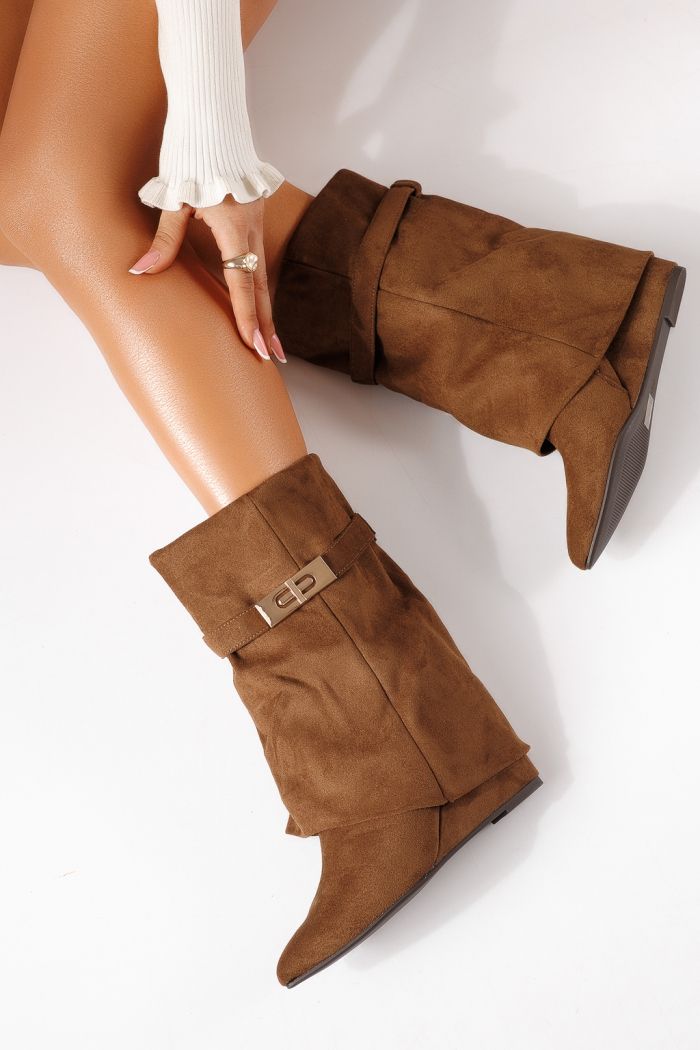 Cizme scurte dama captusite khaki din piele ecologica intoarsa Aurelia #30076