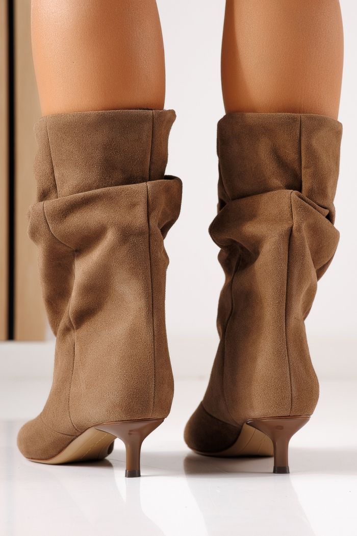 Cizme scurte dama captusite khaki din piele ecologica intoarsa Azalea #30078