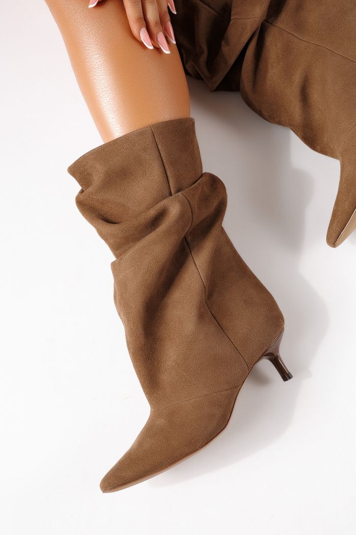 Cizme scurte dama captusite khaki din piele ecologica intoarsa Azalea #30078