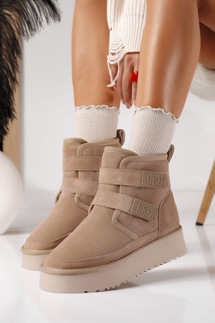 Cizme scurte dama îmblanite tip Ug khaki din piele naturala intoarsa Nicoleta #30562