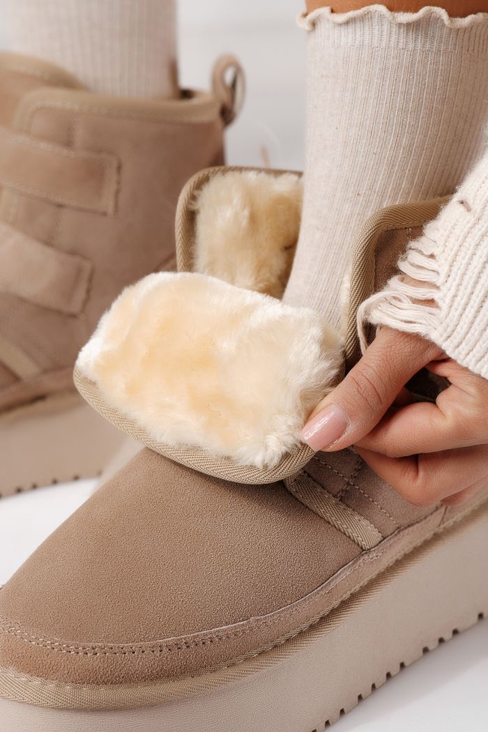 Cizme scurte dama îmblanite tip Ug khaki din piele naturala intoarsa Nicoleta #30562