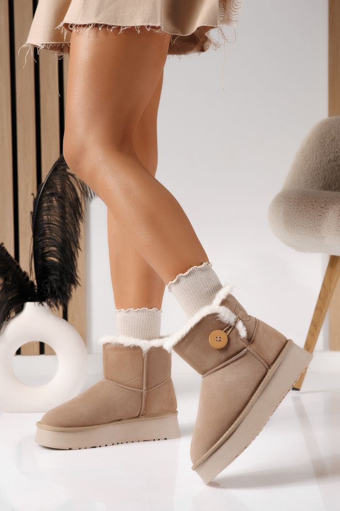 Cizme scurte dama îmblanite tip Ug khaki din piele naturala intoarsa Larisa #30758