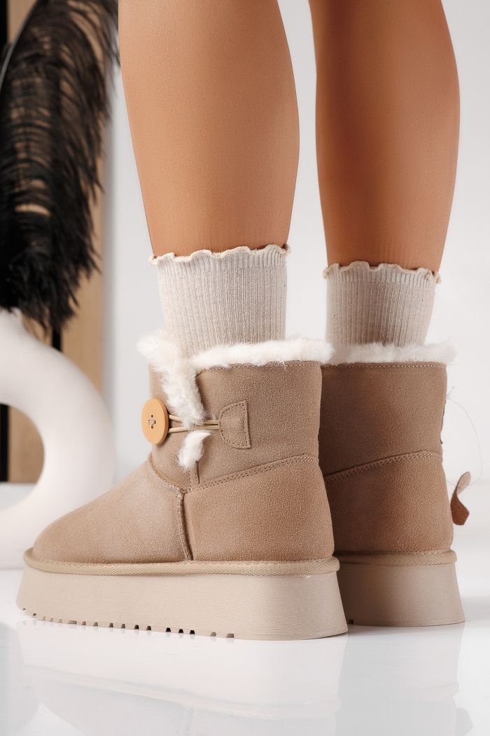 Cizme scurte dama îmblanite tip Ug khaki din piele naturala intoarsa Larisa #30758
