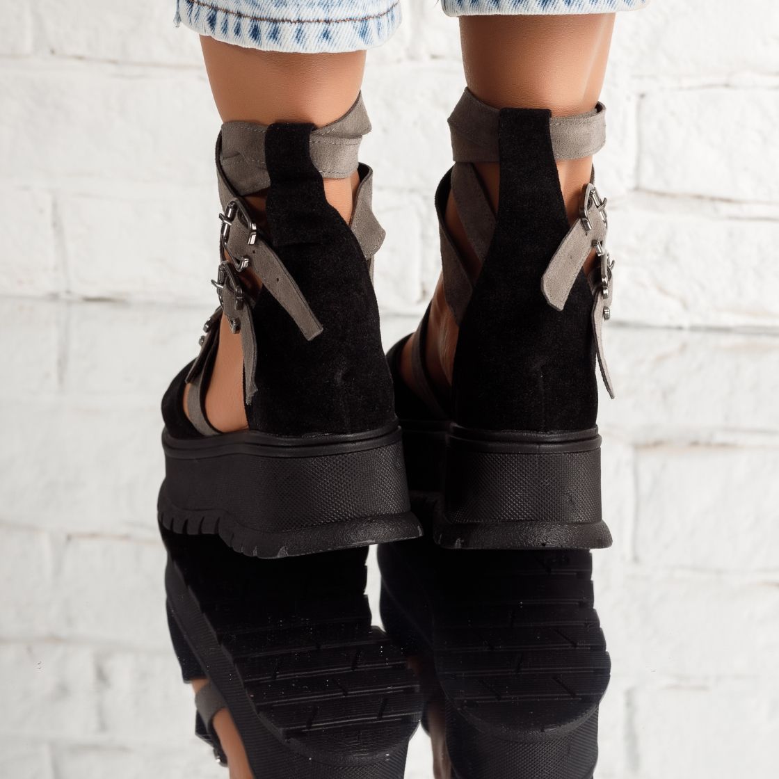 Pantofi Casual Dama Luna Negru/Gri #5076M