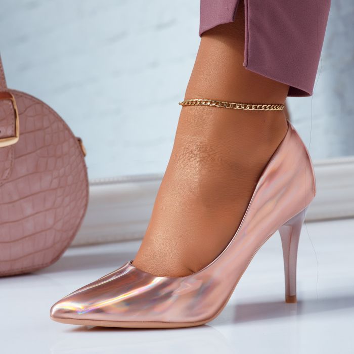 Pantofi Dama cu Toc Alda Roz-Aurii  #6691M