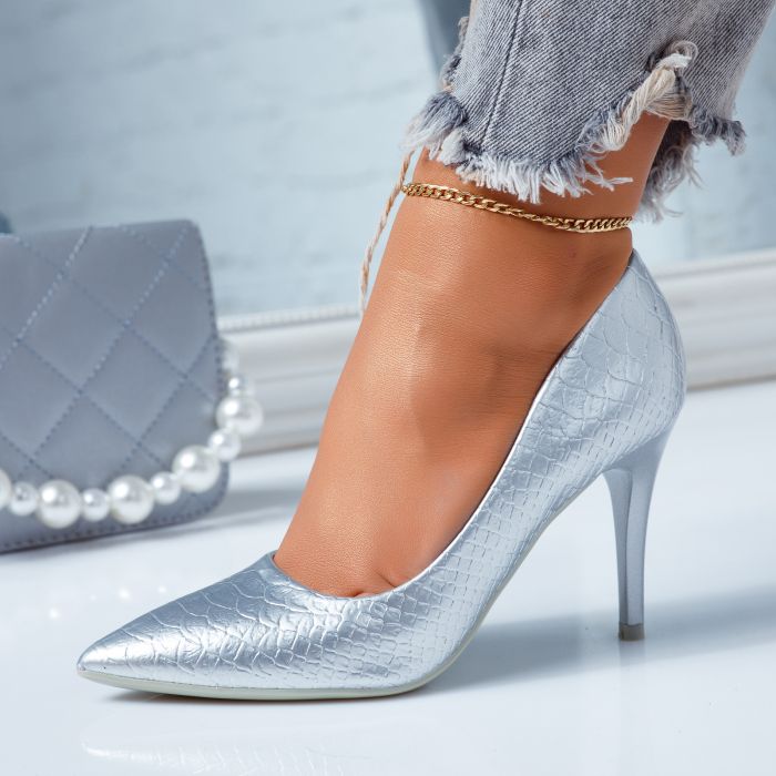 Pantofi Dama cu Toc Galia Argintii #6667M