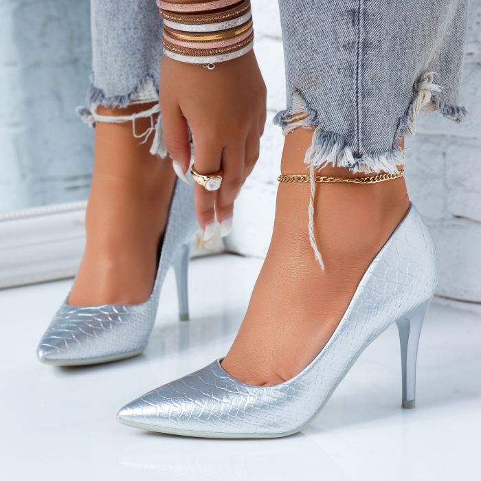 Pantofi Dama cu Toc Galia Argintii #6667M