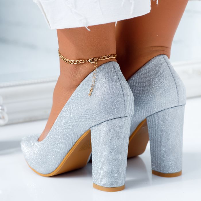 Pantofi Dama cu Toc Ariana Argintii #6694M